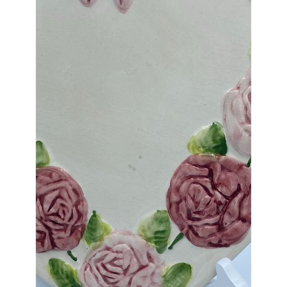 Portugal Majolica Heart Shaped Plate Tray Hand Painted with Embossed Pink Roses/ - Picture 3 of 7